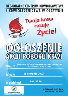 Akcja krwiodawstwa: 25 sierpnia pod siedzibą RDLP w Olsztynie